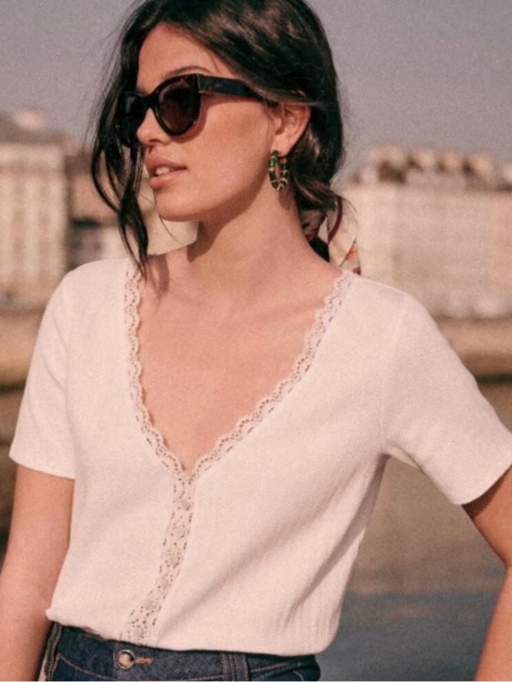 Sézane Soft White Lace-Trim Short Sleeve Top